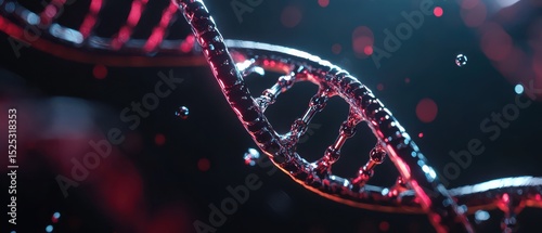 A close-up digital [alternative] of a DNA double helix with red and blue lighting and floating particles.