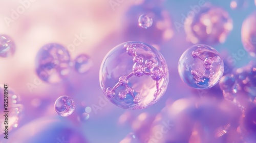 Shimmering, translucent molecules suspended in a dreamy, pastel-colored abstract background.