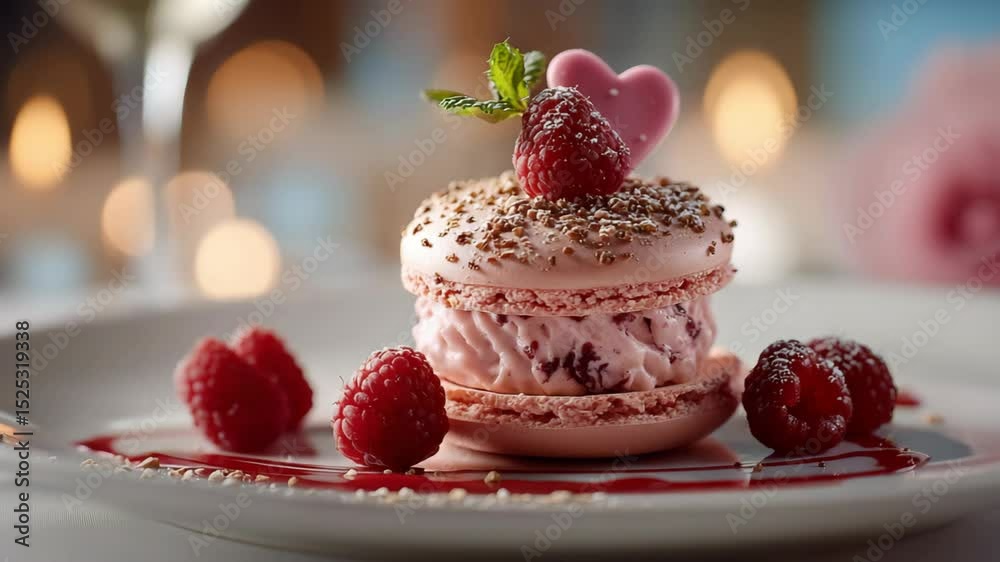 raspberry macaron in dreamy lovey atmosphere with heart shape chocolate top with fresh raspberry 