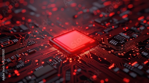 A glowing red microchip at the center of a dark circuit board, with illuminated connections radiating outward.