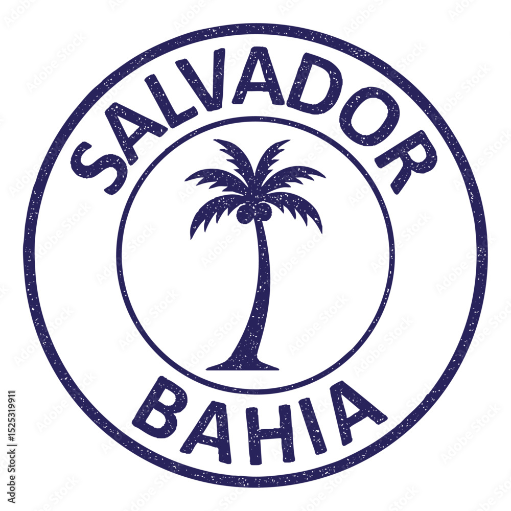 Salvador, Bahia grunge rubber stamp from Brazil, on transparent background, blue vector illustration. Selo da cidade de Salvador, Bahia com ilustração de coqueiro
