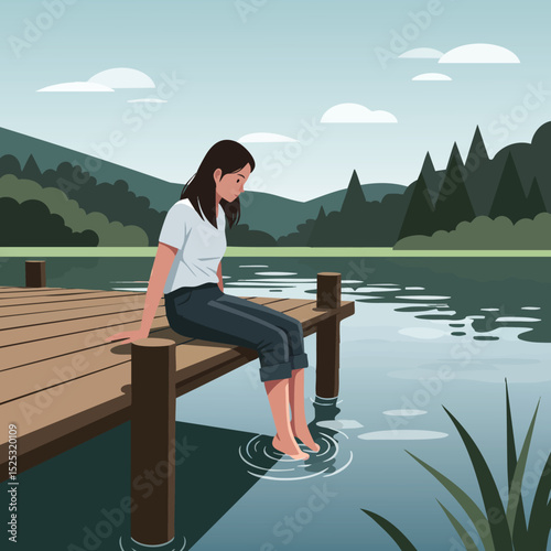Young woman sitting on wooden dock dipping feet in lake water surrounded by forest and mountains vector illustration 