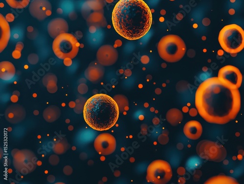Microscopic view of glowing orange cells or particles floating against a dark background.