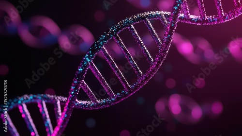 A glowing DNA double helix structure is shown in vibrant purple and blue hues on a dark background.