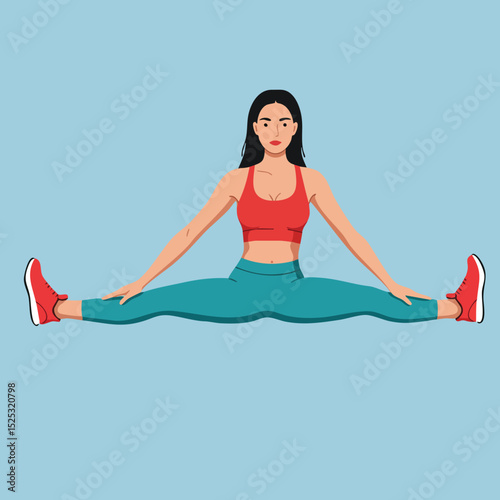 Woman stretching legs in split position wearing red top and teal pants on blue background vector illustration 