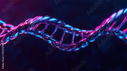 A glowing, stylized DNA double helix with blue and pink lighting against a dark background.