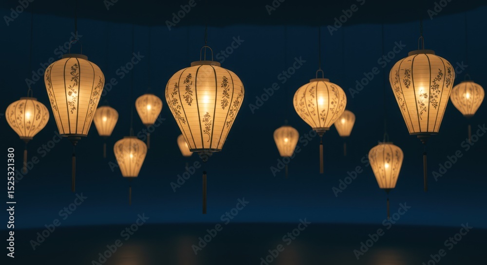 Obraz premium Warm lanterns illuminate a dimly lit space adorned with floral designs casting a soft glow on the scene