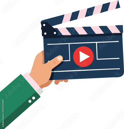 Movie clapperboard with play button held by hand in green sleeve flat vector illustration for video production and filmmaking industry use 