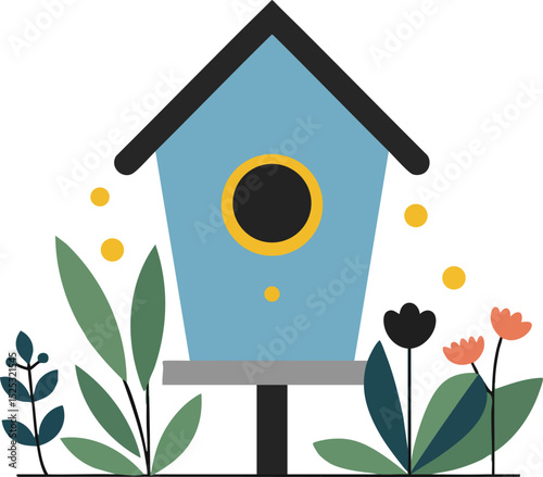 Blue birdhouse with surrounding green leaves and colorful flowers simple flat vector illustration 