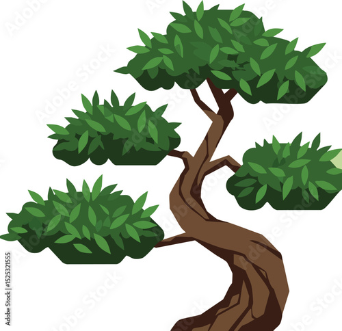 Bonsai tree vector with detailed green leaves and twisted brown trunk illustration natural plant design 