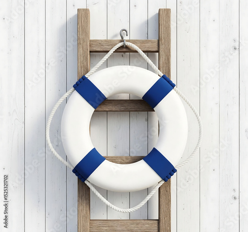 A life buoy suspended on a wooden ladder against wooden wall