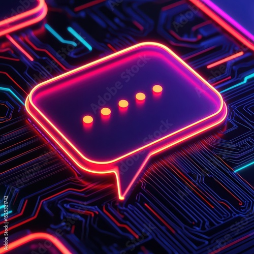 A neon chat bubble with ellipsis glows over a digital circuit board, representing modern communication technology and AI messaging.