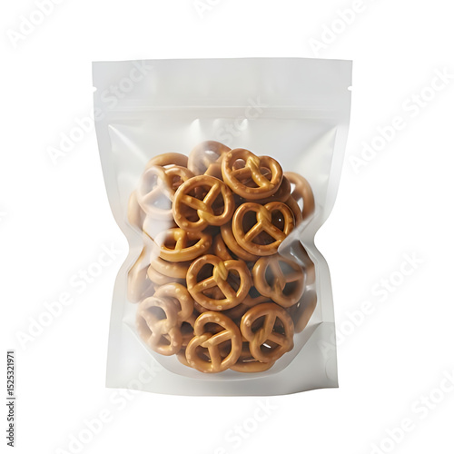Frosted plastic snack bag filled with mini pretzels inside, isolated on white background