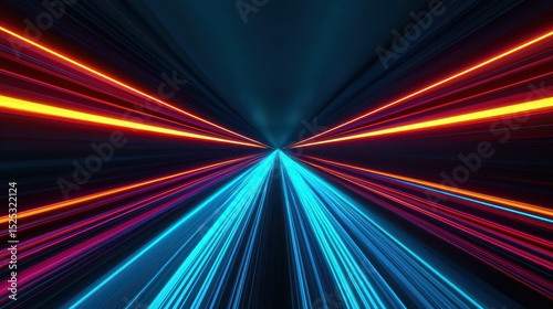 Colorful light streaks converge to a vanishing point, creating a dynamic, futuristic, and high-speed tunnel effect on a dark background.
