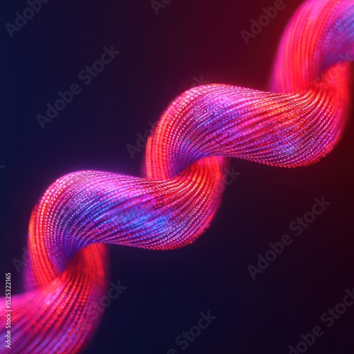 A vibrant, twisting helix of glowing dots in red and purple, set against a dark background, representing a digital or scientific concept.