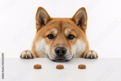 Shiba Inu dog is looking forward to eating food placed on the table with hopeful expression, pet, pet cuteness, pet feeding, snack time, meal time, dog, focus, micro, white background