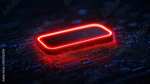 Futuristic glowing red button on a dark circuit board, symbolizing technology, innovation, and digital activation.