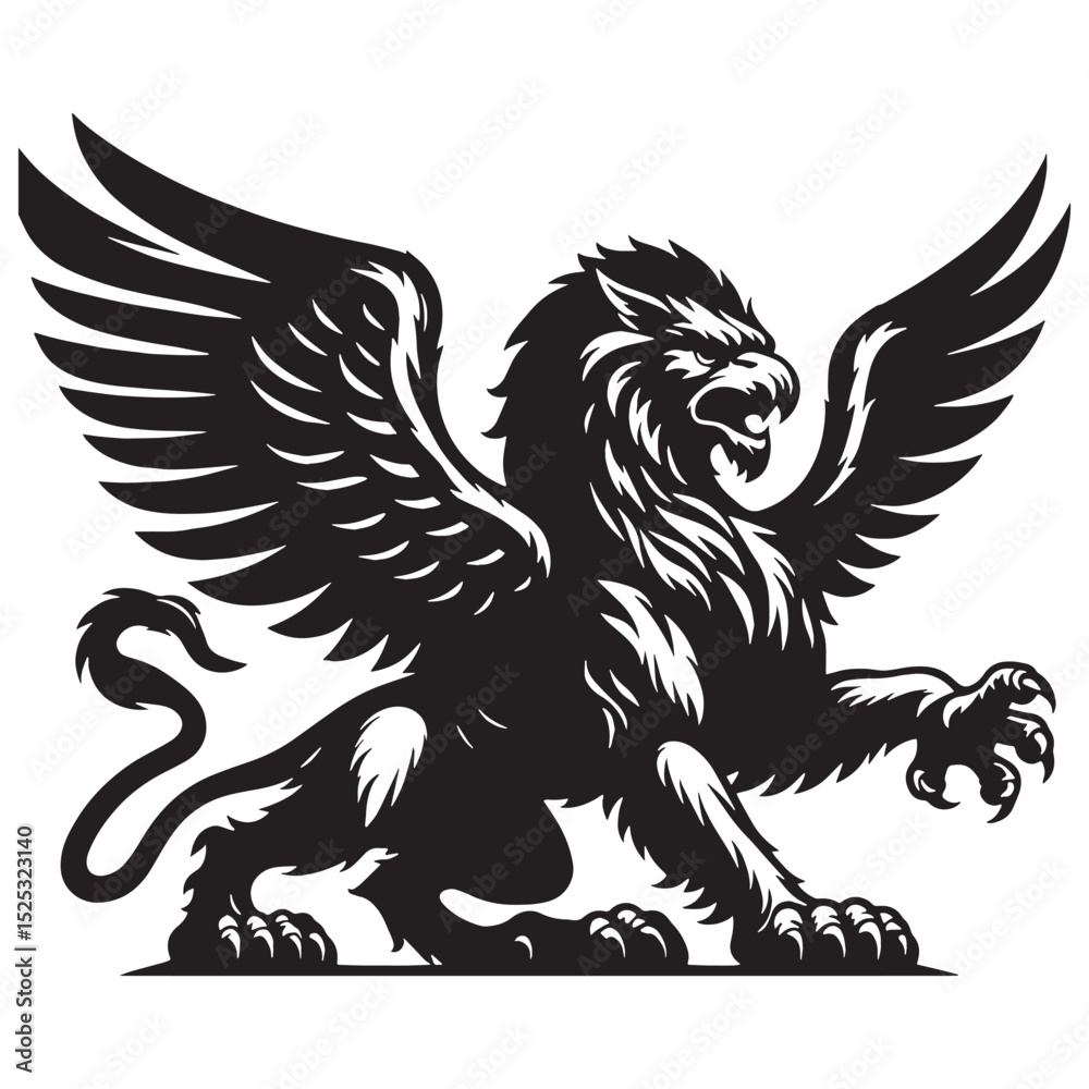 Fototapeta premium Ancient Griffin emblem design — griffin silhouette — griffin vector — silhouette of griffin — noble beast graphic — medieval fantasy art — powerful creature image 
