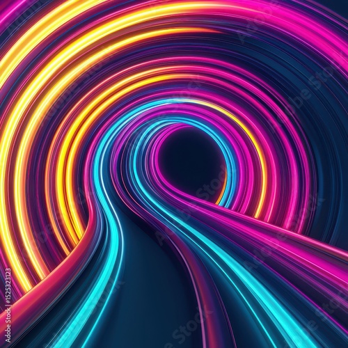 A vibrant tunnel with swirling neon lights in shades of blue, pink, and yellow creating a futuristic and dynamic visual effect.