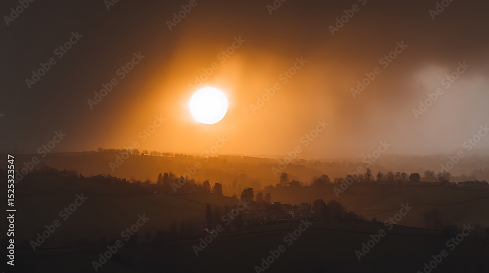 Obraz premium Glowing sun over misty rolling hills