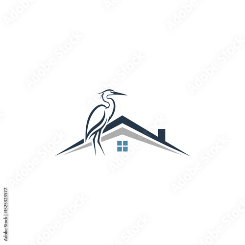 A graceful heron perches atop a stylized house, isolated on white background