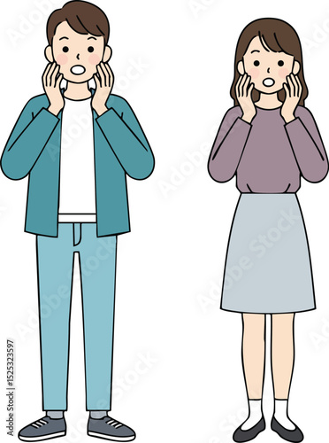 Young man and woman with surprised expressions holding faces in shock vector illustration 