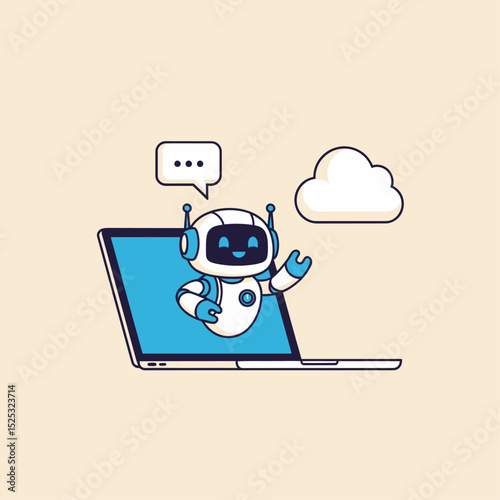 A cheerful robot assistant emerges from a laptop screen, gesturing towards a cloud, ready to help with a chat