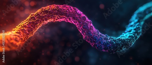 A colorful, abstract representation of a twisted, textured strand resembling DNA against a dark, blurred background.