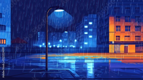 A nighttime cityscape during a heavy rain, depicted in a stylized, almost cartoonish manner.  The rain reflects brilliantly in the wet street, highlighting the city lights