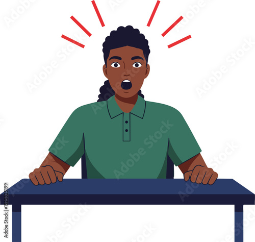 Surprised young man sitting at table with shocked expression and red exclamation lines vector illustration 