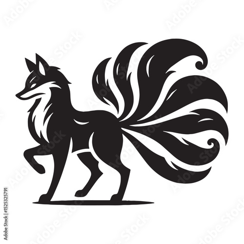 Majestic Kitsune depiction idea — kitsune silhouette — kitsune vector — silhouette of kitsune — Kitsune illustration — fabled guardian fox — Asian fantasy creature — wise yokai visual
