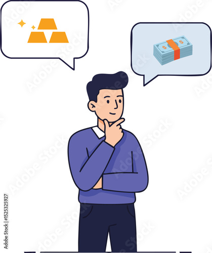 Man thinking about gold bars and cash money financial decision concept vector illustration 