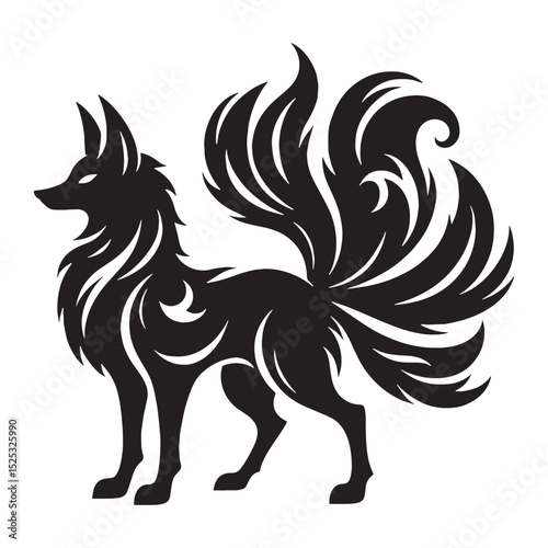 Sleek Kitsune graphic representation — kitsune silhouette — kitsune vector — silhouette of kitsune — Kitsune illustration — divine fox creature — yokai digital art — cultural mythical beast
