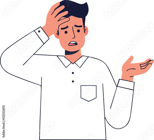 Confused young man holding head with worried expression in white shirt vector illustration 