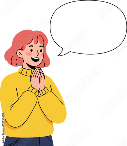 Young woman with red hair wearing yellow sweater and blue jeans speaking with empty speech bubble vector illustration 
