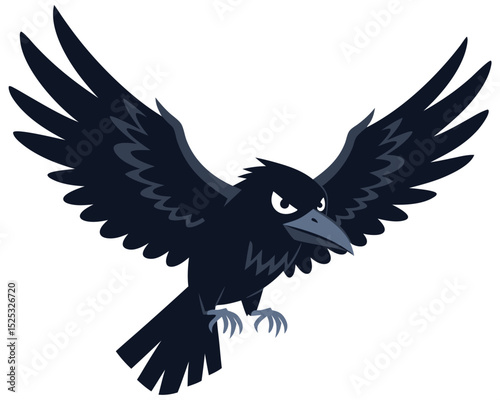 Ominous Cartoon Crow Flying with Anger and Intensity, Representing Wild Nature in a Stylized and Bold Design