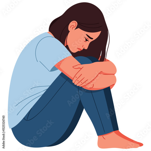 Concept of a Lonely Woman Hugging Her Knees Depicting Feelings of Depression, Grief, and Despair in a Thoughtful and Reflective Pose