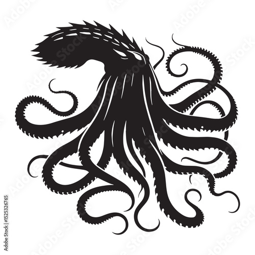Vast Kraken form graphic — kraken silhouette — kraken vector — silhouette of kraken — immense sea monster — dark ocean fantasy — mythological abyss beast
