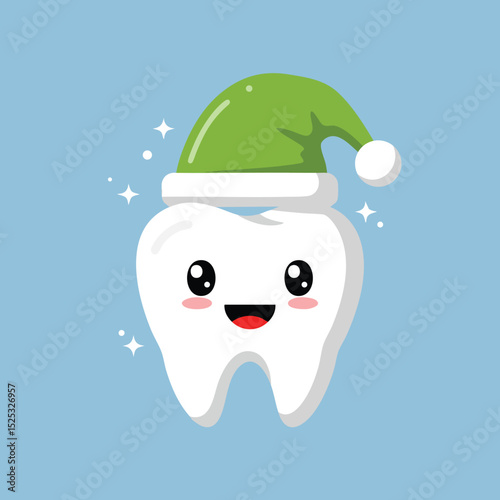 Cute tooth character with green Santa hat festive Christmas dental health concept vector illustration 