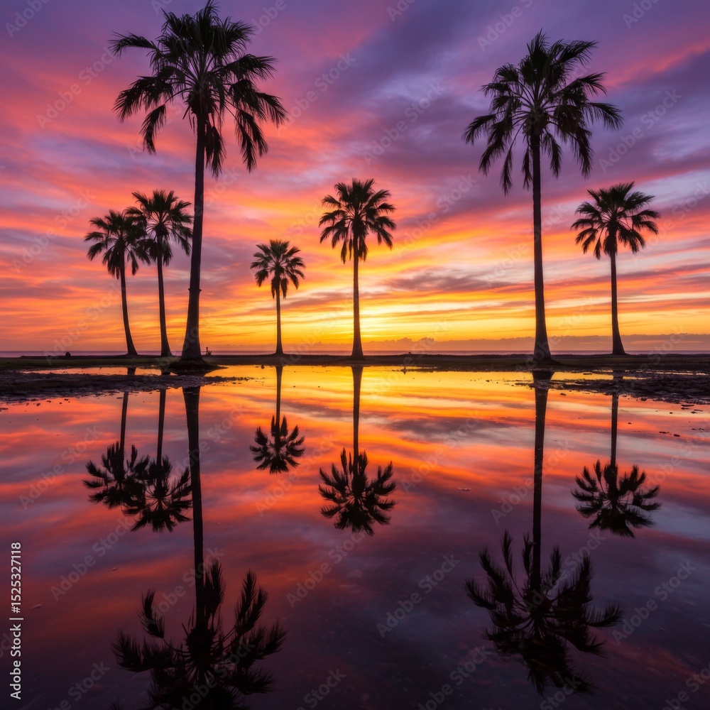 Obraz premium Silhouette Palm Trees Reflecting in Sunset Water