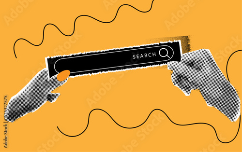 Male and female hands holding search bar in halftone collage style,searching for information in website browser window,SEO marketing concept