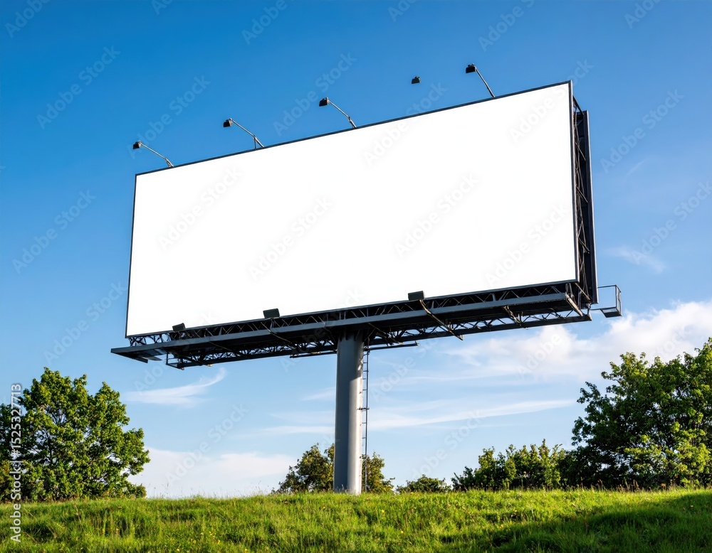 Obraz premium Blank Billboard on Green Hill Under Blue Sky Advertising Space