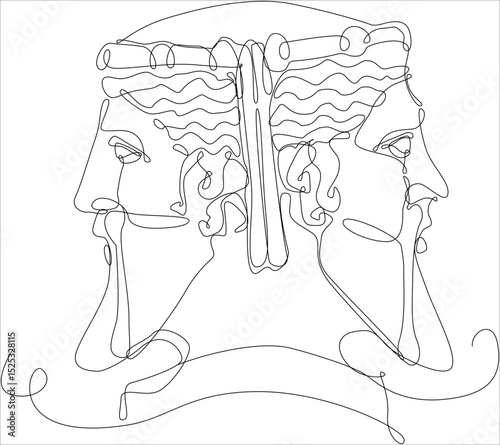 Janus two-faced god – continuous line art symbolizing duality and time