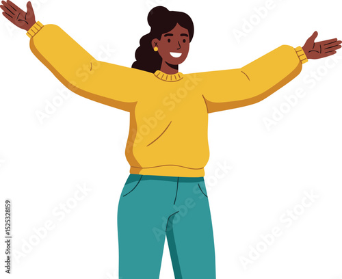 Woman with outstretched arms wearing yellow sweater and blue pants smiling happily vector illustration 