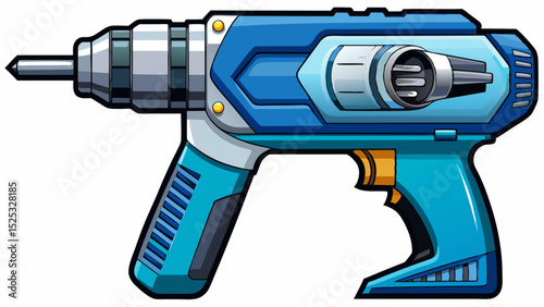 A compact electric screwdriver with magnetic bit attachment. Blue and silver tones dominate the design. Zoomed in for detail, resting on white background for technical illustrations.

