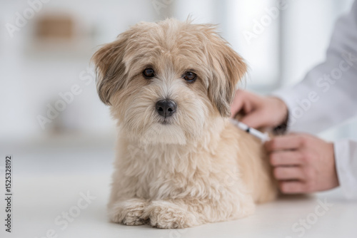 veterinarian administering vaccine to dog in clean bright clinic