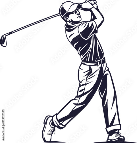 Golfer swinging driver golf club action illustration