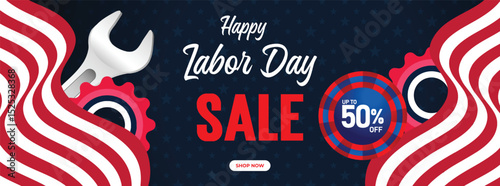 Eye catching Labor Day sale banner featuring waving American flags and bold text in red, white, and blue colors. Perfect for marketing