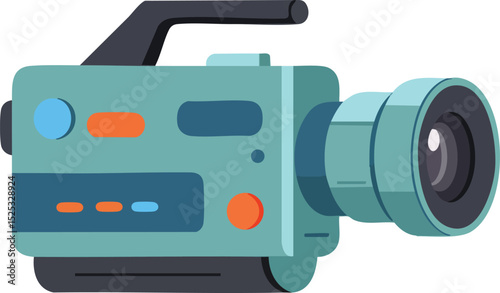 Vintage style video camera with blue and orange buttons flat vector illustration for media production and filming equipment usage 
