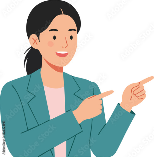 Young woman in teal blazer smiling and pointing with both hands vector illustration